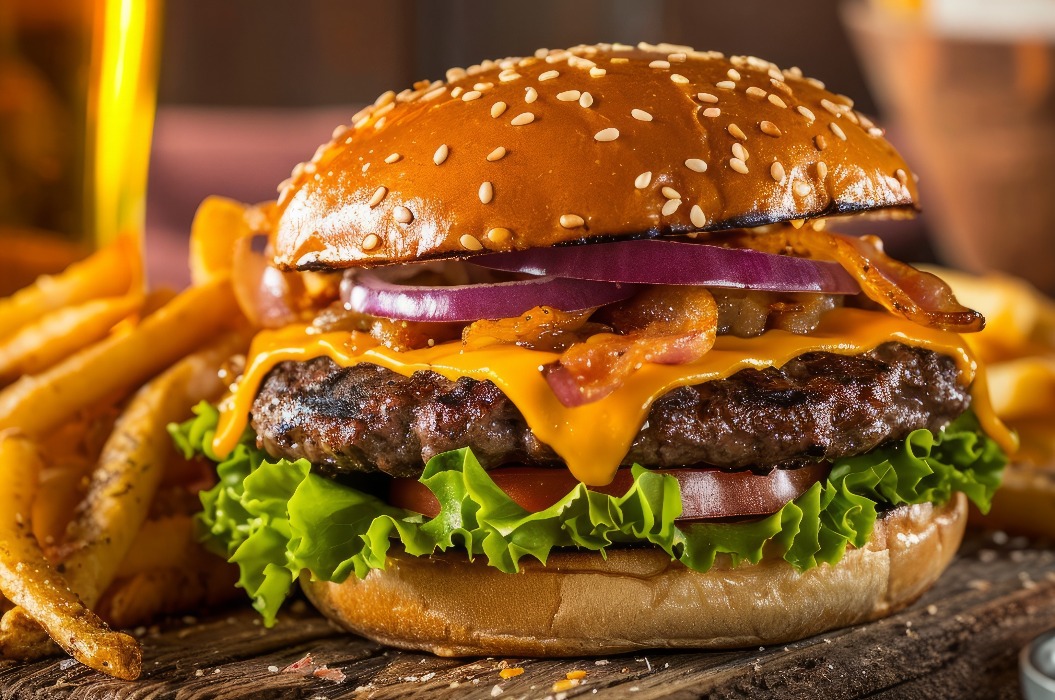 Doppelter Smash-Burger mit Käse, Salat, Zwiebeln, Dressing, Pommes frites und einem kühlen Bier auf einem Schneidebrett